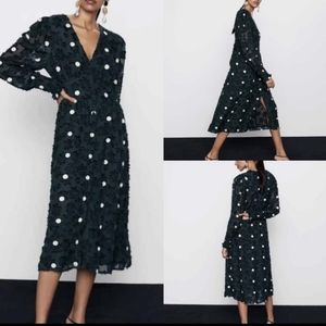 Zara Emerald Green Sheer Textured Polkadot Dress